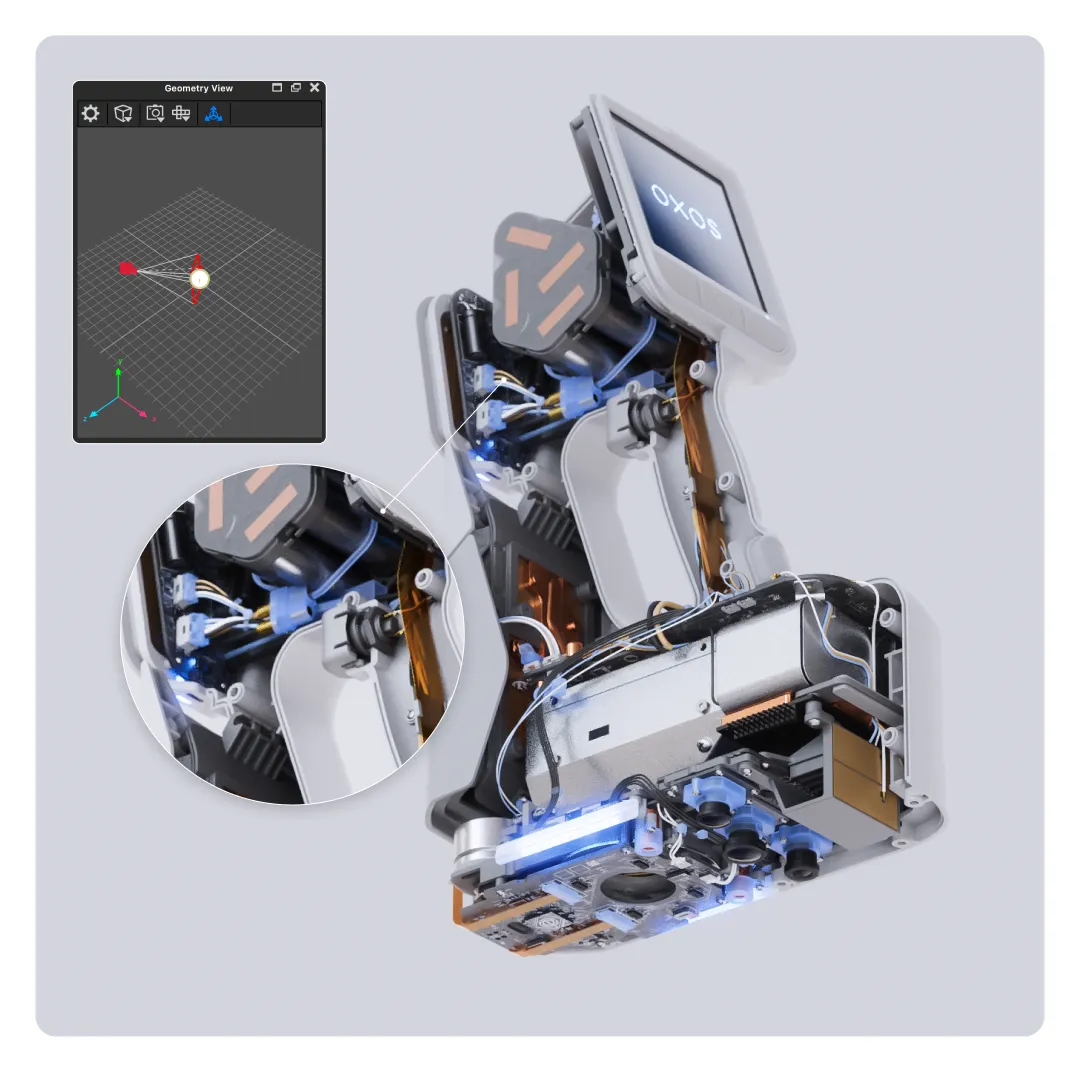 KeyShot ile hazırlanmış robot kolu kesit görseli