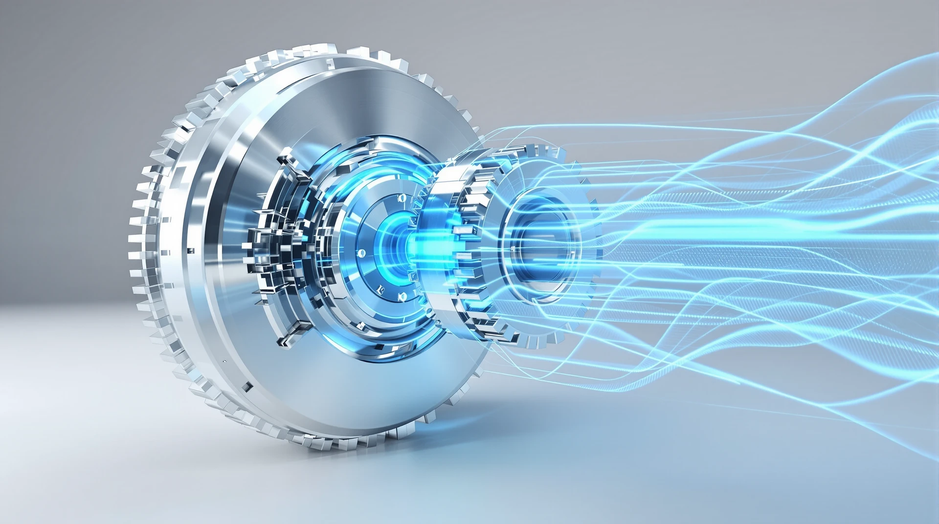 Hassas metal dişli ve akışkan mavi ışık, CAD/CAM otomasyon temalı 3D render