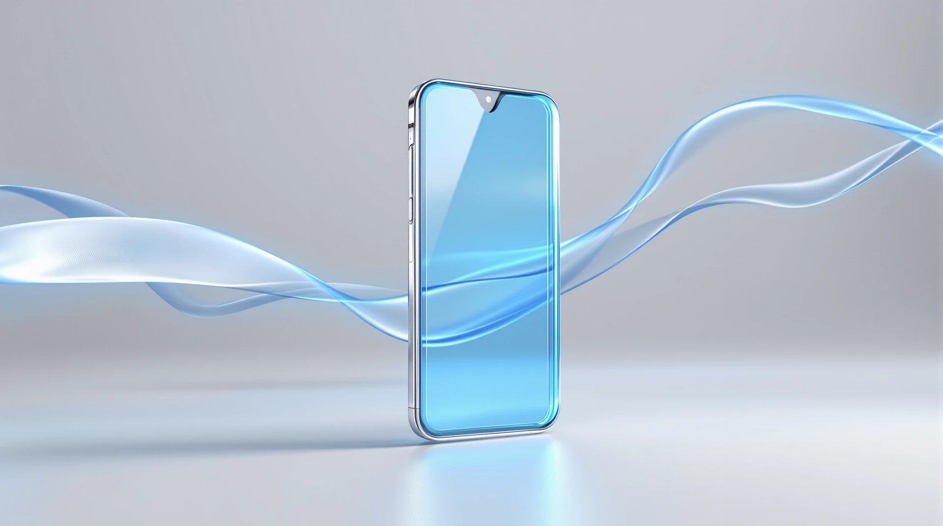 Akışkan mavi ışıkla saran cam telefon formu, mobil uygulama temalı 3D render