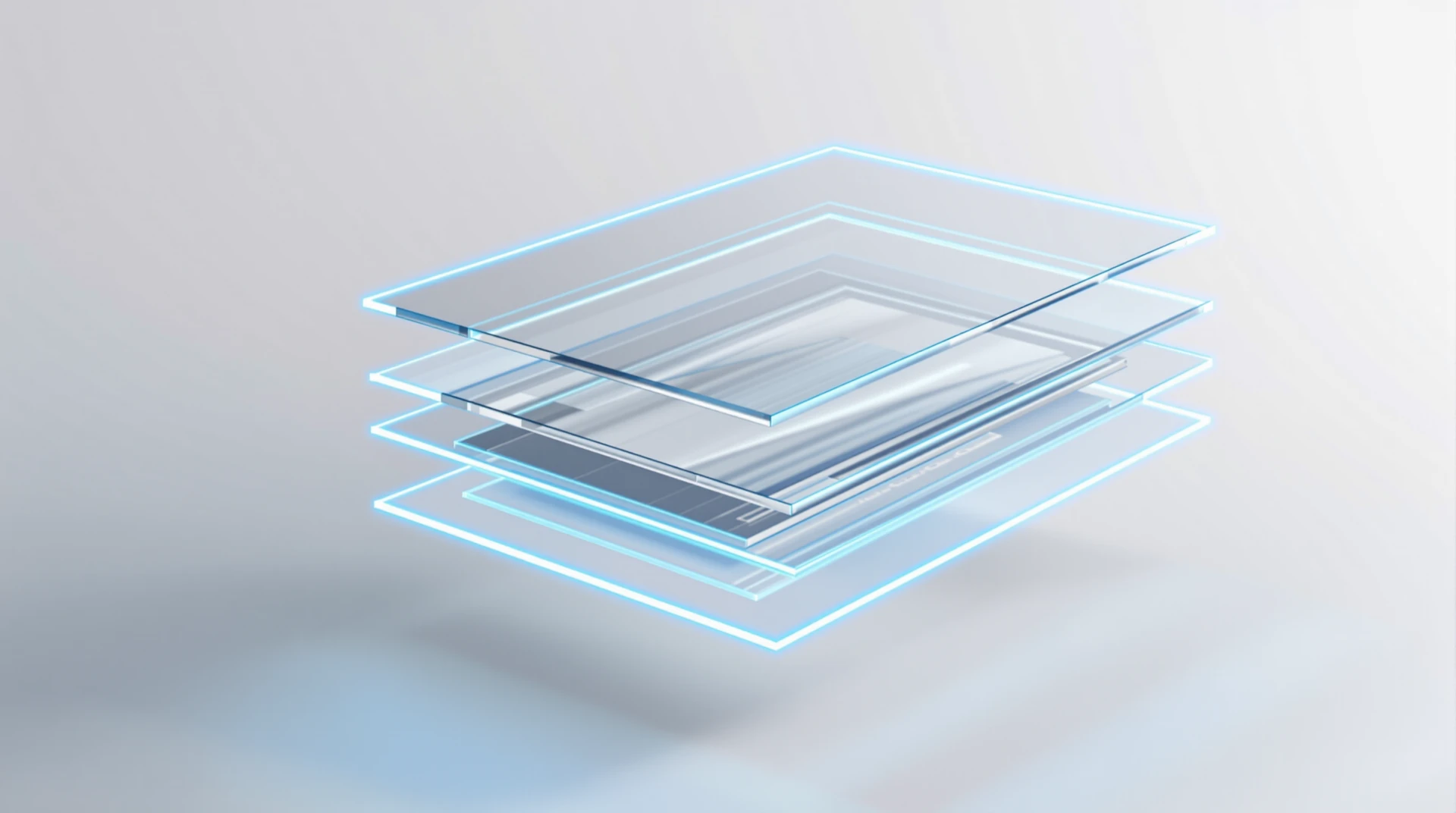 Katmanlı cam panellerle web uygulama geliştirmeyi betimleyen soyut 3D render
